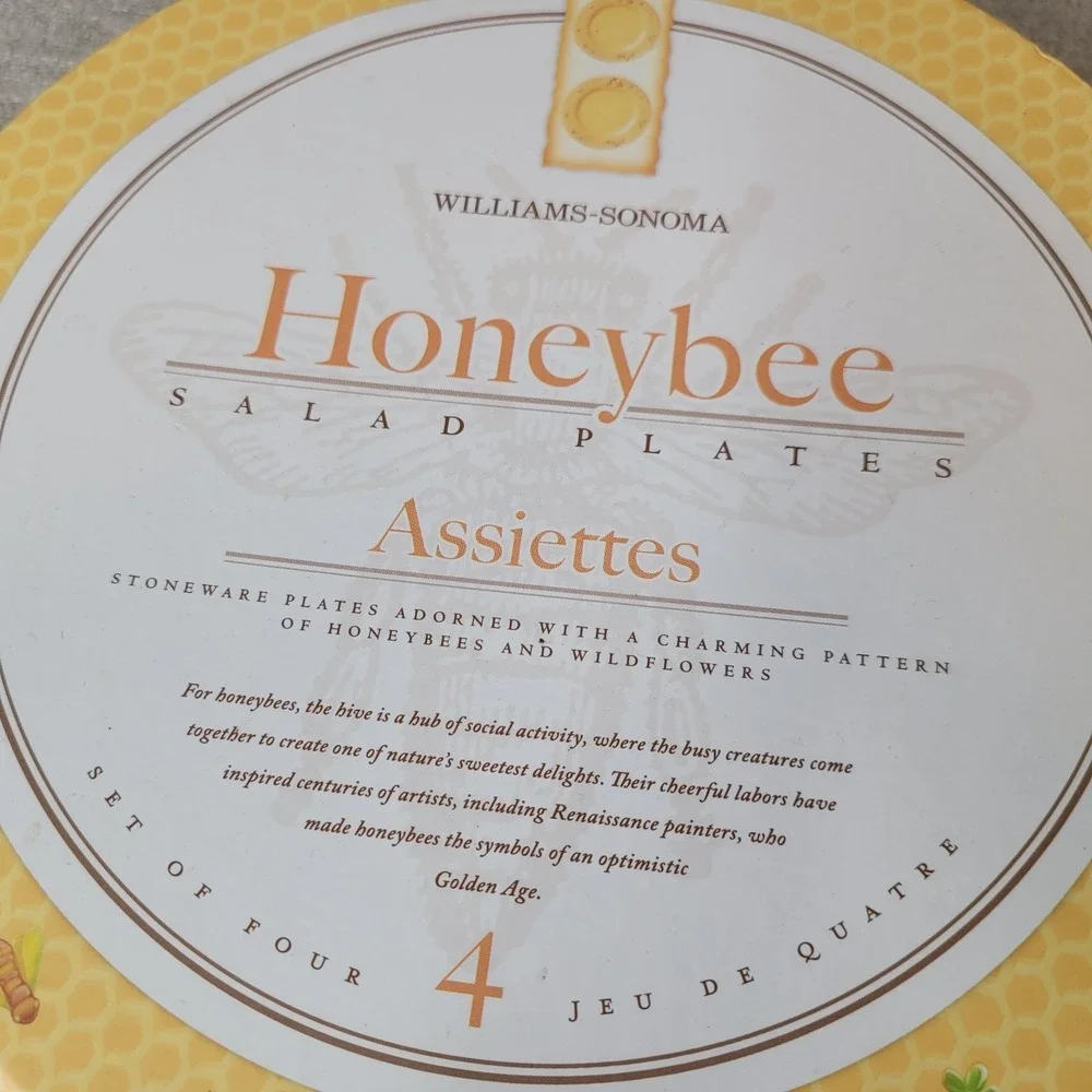 Williams Sonoma Honeybee Salad Plates Set of 4 w/ Hat Box RARE Bee Stoneware NEW